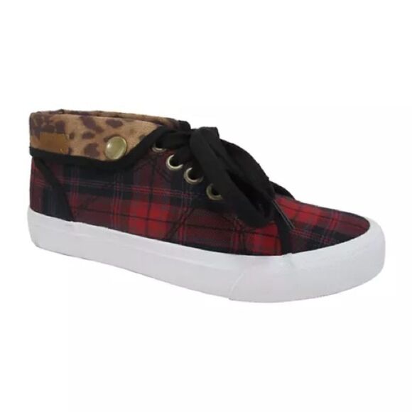 Jellypop Sneakers Women's Size 9M Red Multi-Plaid Mid-Top Fabric Lace-Up - Picture 1 of 9